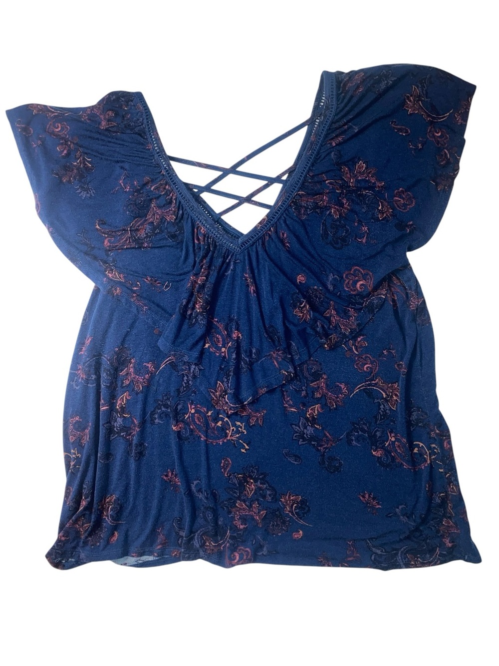 Torrid Navy Floral Crisscross V-Neck short flutter sleeve top summer stretchy